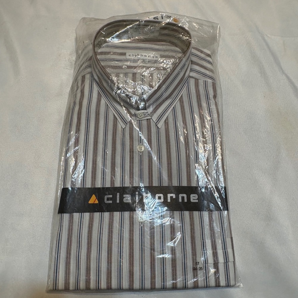 Claiborne Mens Vintage Striped Dress Shirt Brown Blue White 17 34-35 NIB 86434